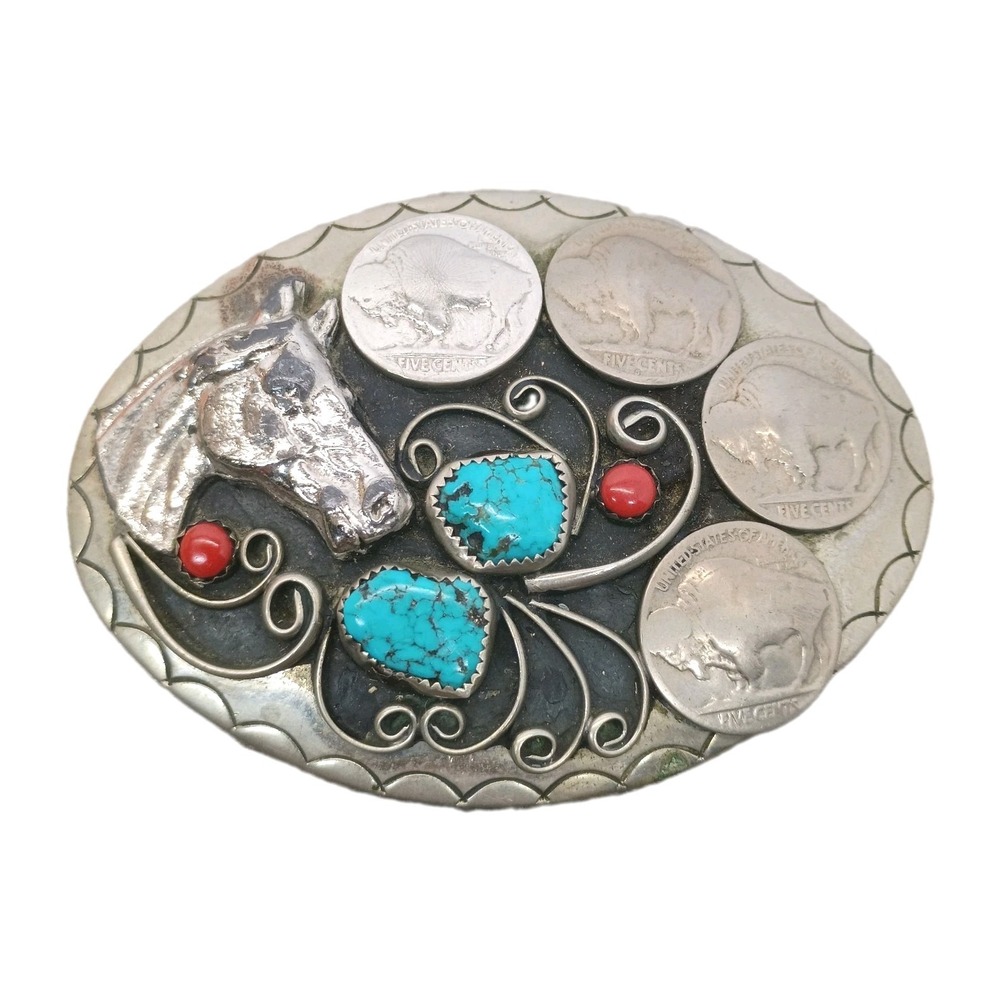 Vtg Navaho Stule Belt Buckle 4 Buffalo Nickel Turquoise Coral USA Southwestern